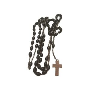 Vintage Black Rosary Beads And Old Wood Cross On Wire Hook Necklace Metal Chain